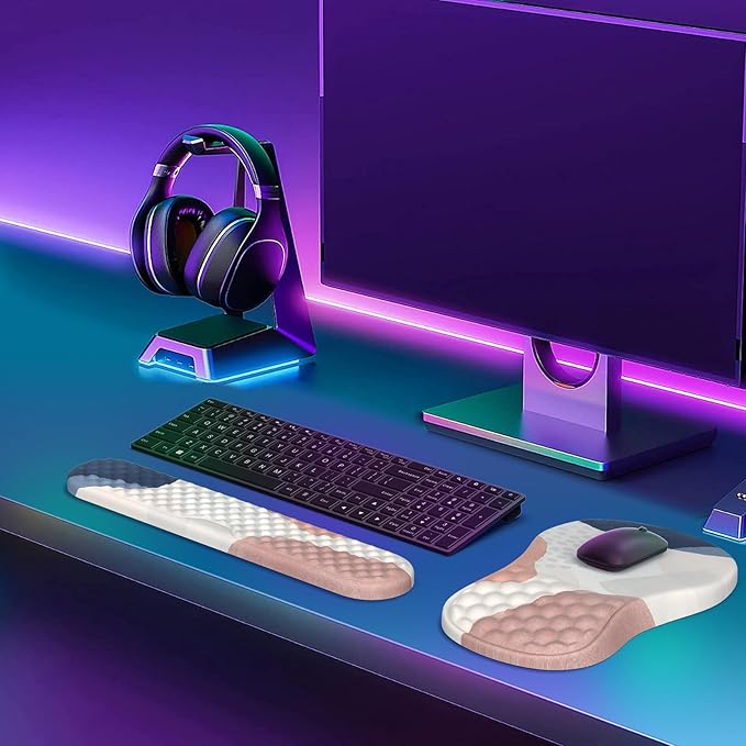 HAOCOO Ergonomic Mouse Pad with Wrist Rest and Keyboard Wrist Rest Set, 3 PCS Computer Carpal Tunnel Mouse Pads for Desk with Coaster, Memory Foam Mousepad Support for Office Women, Boho Navy Pink