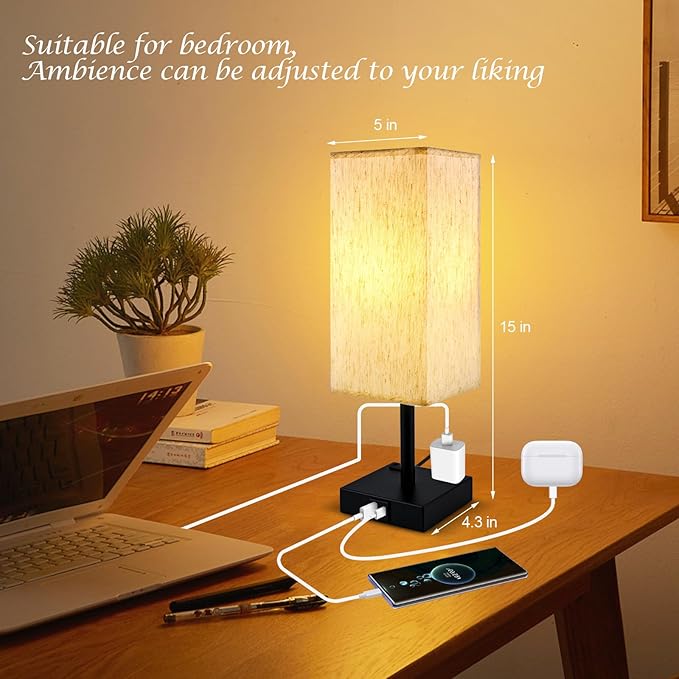 Touch Table Lamp for Bedroom, Stepless Dimmable Bedside Lamp with USB C+A Ports & 3 Color Temperatures, Nightstand Light for Living Room Office, LED Bulb Included (Beige)
