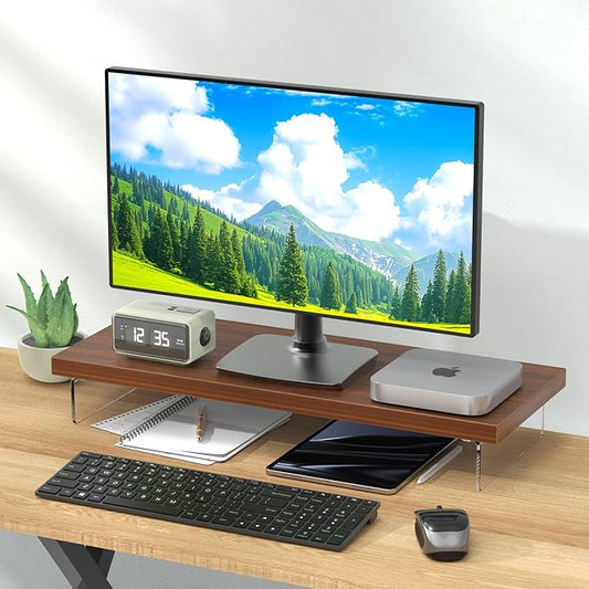 Monitor Stand Riser, Wood & Acrylic Computer Monitor Stand Desk Desktop Organizer Table for Home, Office Workspace, Laptop Riser, Printer, PC & TV Screen Riser