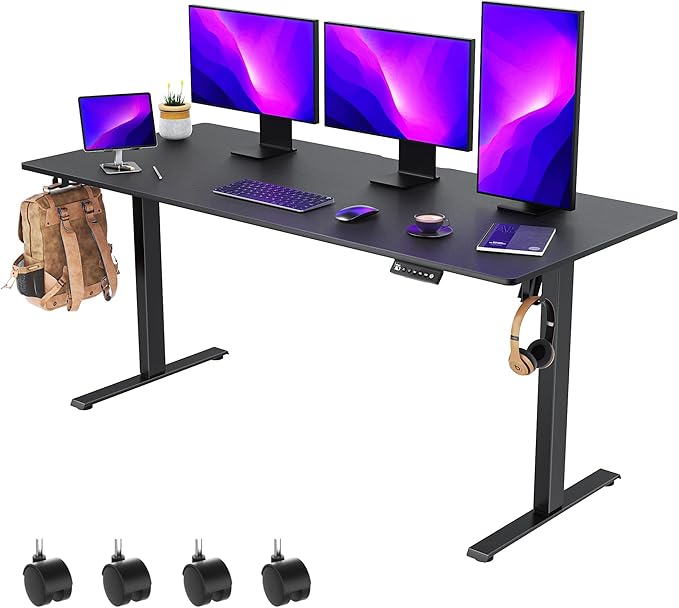 63 x 28 inch Electric Standing Desk Adjustable Height with 4 Wheels, 4 Memory Height Settings, 2 Headphone Hook, for Home Office, Splice Board Black