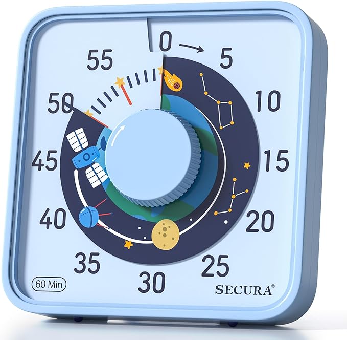 Secura 7.5-Inch Satellite Pattern Visual Timer for Kids, 60-Minute Countdown Timer for Classroom or Kitchen, Durable Mechanical Timer Clock with Magnetic Backing (Light Blue)