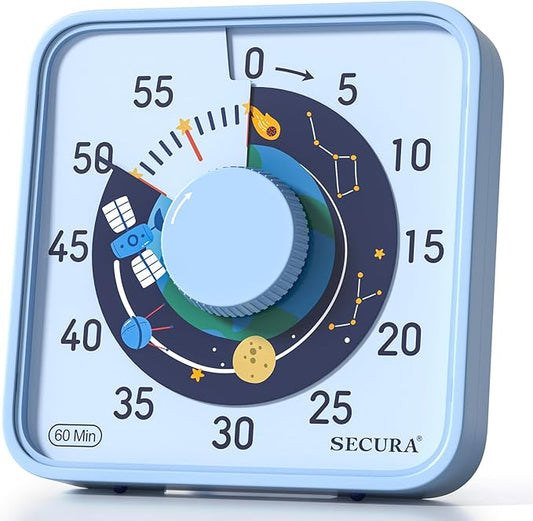 Secura 7.5-Inch Satellite Pattern Visual Timer for Kids, 60-Minute Countdown Timer for Classroom or Kitchen, Durable Mechanical Timer Clock with Magnetic Backing (Light Blue)