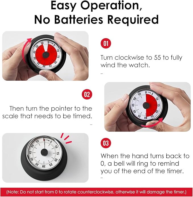 Visual Timer, Teeloray 60-Minute Countdown Timer, Kitchen Timer with Magnetic Base, Mechanical Clockwork, Ringer Alert, Time Management Tool for Children and Adults, Study/Work/Cooking (Black)