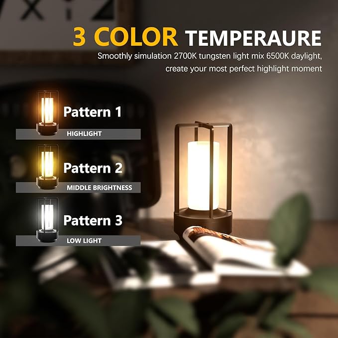 Table Lamp, Portable Cordless Rechargeable LED Lamp, 3-Colour Dimming Metal Bedside Lamp, Small Desk Lamp for Bedroom and Outdoor Use, Ideal for Restaurants, Bars, Coffee Shops and Camping