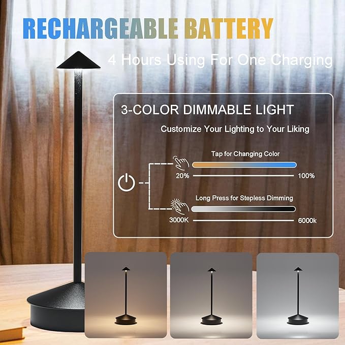 Cordless Rechargeable LED Table Lamps, 1800mAh Battery Desk Lamp Outdoor Portable Touch Dimmable Table Night Light for Patio Restaurant Dining Home Set of 1 Black