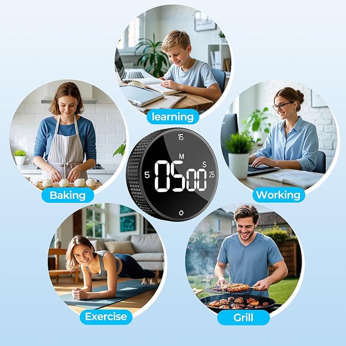 Rechargeable Magnetic Kitchen Timer for Cooking, Building 800mAh Battery Large Display Digital Countdown Countup Timer, 3 Preset 5/15/25 Mins Loud Alarm for Baking Grilling Studying