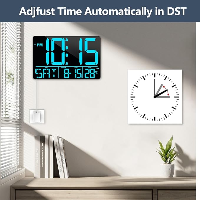 13" Digital Wall Clock Large Display with Remote, 25 Ringtones, Temperature, Calendar, 0-100% Auto or Custom Brightness, 12/24H, DST, Timer, for Living Room, Kitchen, Bedroom, Elderly(Blue)