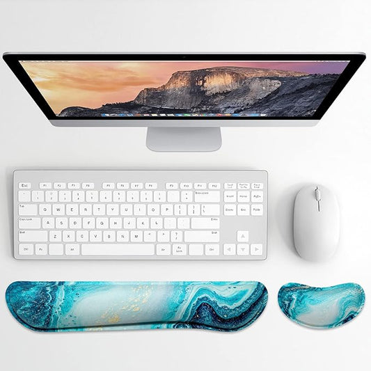 Dapesuom Enlarge Keyboard Wrist Rest, Memory Foam Wrist Cushion for Desk Mats Support, Cute Marble Pain Relief Keyboard Mouse Pad Rests Set with Non-Slip Base for Gaming Laptop Office Computer, Blue