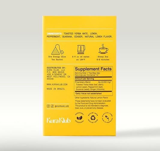 Kura Klub Yerba Mate Energy Glow Tea – Premium Energy Herbal Tea with Guarana, Ginger & Peppermint for Digestion, Gut Health & Satiety – Jitter-Free, No Crash – 3-in-1 Wellness Blend – Caffeine Alternative, No Microplastics – 14 Premium Teabags