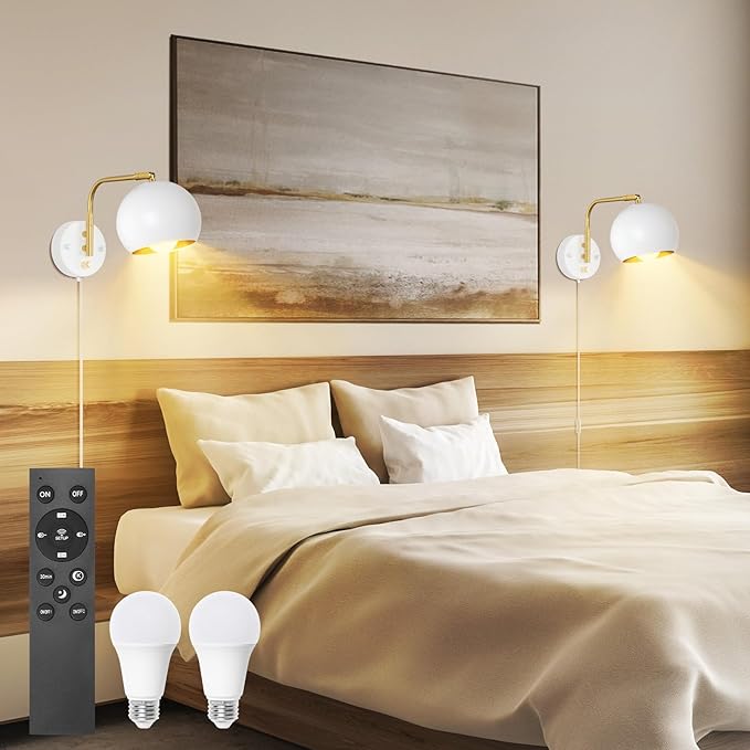 Wall Sconce with Remote Control, Plug in Wall Sconces Dimming 0-100% and Adjustable Color Temperature 2700K-6000K, Brushed Brass White Globe Swing Arm Wall Lights with Plug in Cord(2 Bulbs)