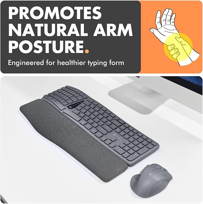 X9 Split Ergonomic Keyboard Mouse Wireless Combo - Type Comfortably Longer - 2.4G/Bluetooth Ergo Keyboard Mouse Wireless, Silent Keys, Wrist Rest, Multi-Device, Rechargeable for Laptop, PC, Mac - Gray