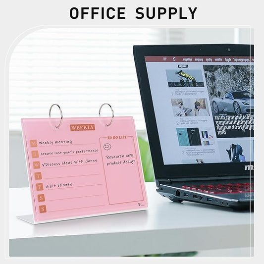 Desktop Glass Dry Erase & Acrylic Aesthetic Desk Calendar Weekly to-do List Combo, Small Magnetic Standing Whiteboard, Desk Flip Easel Calendar with Accessories for Home Office Supply, Pink, 9 x 7''