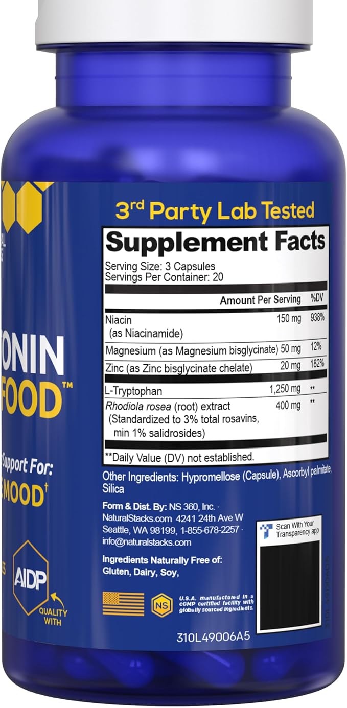 Serotonin Brain Food - 1250mg L-Tryptophan & 400mg Rhodiola Rosea Supplement - Mood Support Supplement for Stress Relief - Neurotransmitter Support with Magnesium Glycinate & Zinc - 60 Capsules