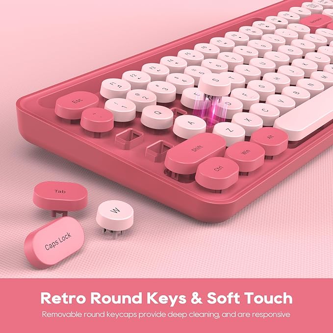 Wireless Keyboard and Mouse Combo, Retro Round Keycaps, Cute Full-Size Typewriter Keyboard with Phone Holder, Sleep Mode, Click Soft, 2.4GHz Cordless Connection for Windows/PC/Laptop (Pink-Colorful)