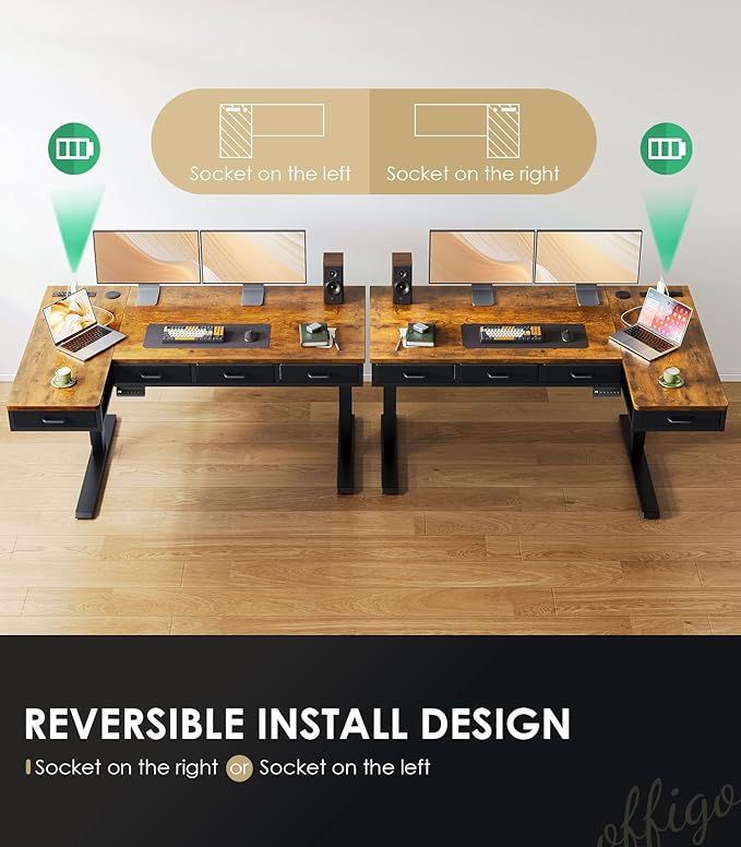 OffiGo 55 Inch L Shaped Electric Standing Desk with Drawers, Height Adjustable Large Desk with Power Outlets, Sit Stand Table, Writing Computer Desk for Home, Office, Workstation, Rustic Brown