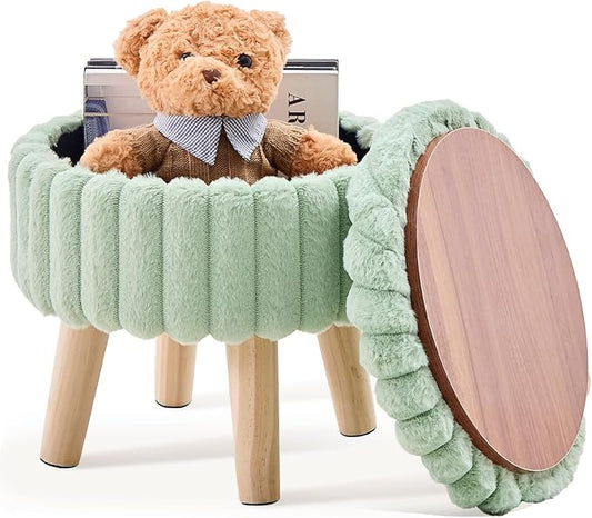 Wimarsbon Storage Ottoman,Soft Faux Fur Footstool with Padded Seat, Small Reading Vanity Chair, Footrest with Wood Tray for Couch, Mini Coffee Table or Display Stand (Light Green, Round Storage)