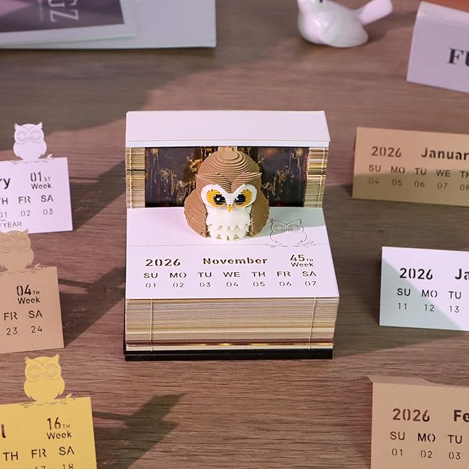 3D Timepiece Calendar 2026 Paper Art Memo Pad ā Tear-Away Desk Calendar for Record, Planner & Habit Tracker, Bookmark, Gift & Decorative Office Decor (Owl)