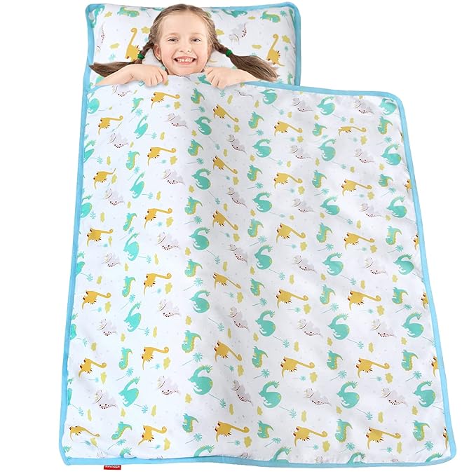 Moonsea Nap Mat for Toddlers Dinosaur and Fleece Minky Blanket, Lightweight Perfect for Kids Preschool, Daycare, Travel Sleeping Bag Boys Girls, 21" x 50" Fit on a Standard Cot