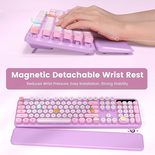 Wireless Keyboard and Mouse Combo-Round Keycaps, Full-Size Retro Typewriter Keyboard with Detachable Wrist Rest, Sleep Mode & Tilt Legs, 2.4GHz Cordless Connection for Mac/Windows/PC (Lavender Purple)