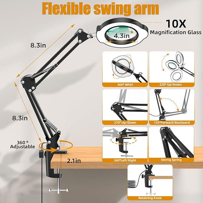 10X Magnifying Glass with Light and Clamp, 5 Color Modes Stepped Dimmable 2-in-1 with LED Desk Lamp, Hands Free Magnifier with Light for Close Works Craft Hobby Painting Reading DIY Repair