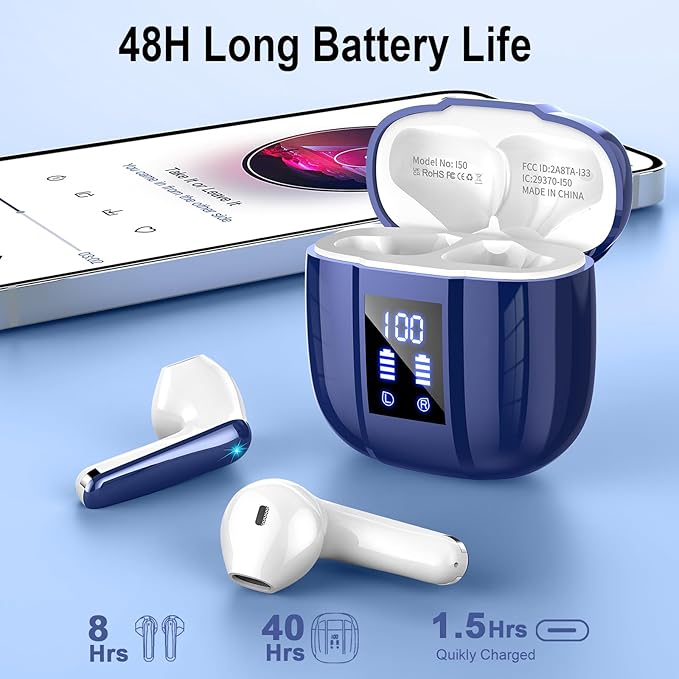 Wireless Earbuds, Bluetooth 5.4 Headphones, 48H, Stereo Ear Buds, LED Display Earphones with Mic, IP7 Waterproof In EarBud, Comfort Fit, Bluetooth Earbuds for Phone Android iOS, Sport, Walk, Blue