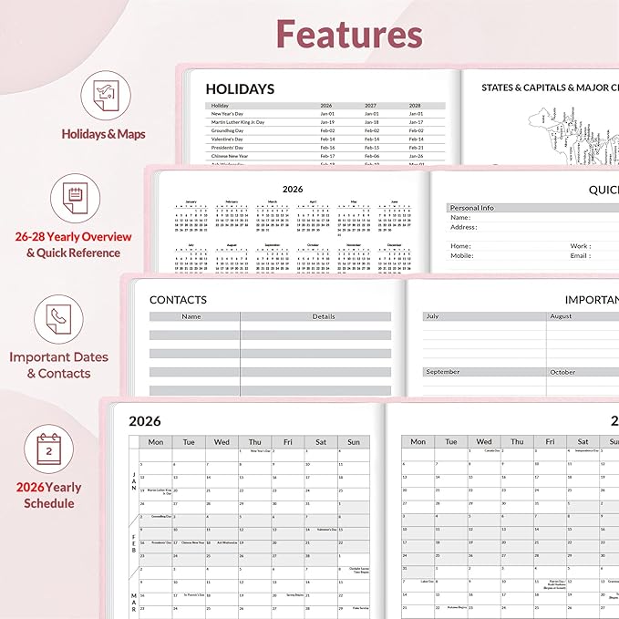 SUNEE 2026 Weekly & Monthly Hardcover Planner 5.5" x 8.3" - 12 Month (January 2026 - December 2026), Small Hardcover Planner, Pocket, Notes, 100 GSM Paper, Pink