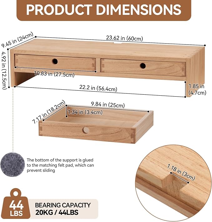KIRIGEN Wood Monitor Stand with 2 Drawers - Computer Arm Riser Desk Storage Organizer,Speaker TV Laptop Printer Stand with Pen Slot and Cable Management,2-Tier Desktop Shelf NA-2PMJ