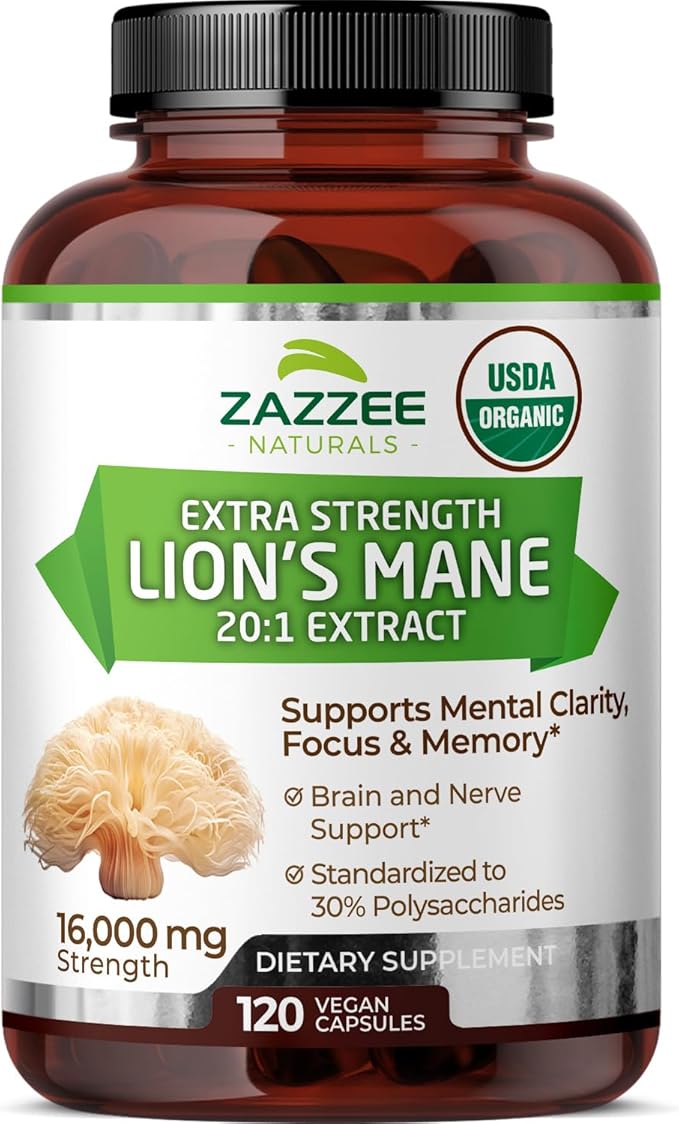 Zazzee USDA Organic Lion's Mane 20:1 Extract, 30% Polysaccharides, 16,000 mg Strength, 120 Vegan Capsules, Nootropic for Brain Health, Focus, Memory, Concentration and Immune Support, Made in The USA