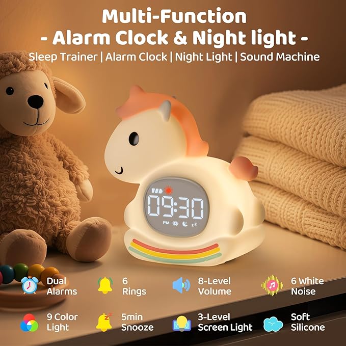 Alarm Clock with Night Light for Kids with Sleep Training and Sound Machine, Rechargeable Silicone Lamp OK to Wake Clock,Cute Animal Tabletop Lamp, Perfect Sleep Companion for Boys Girls,Pink Pony