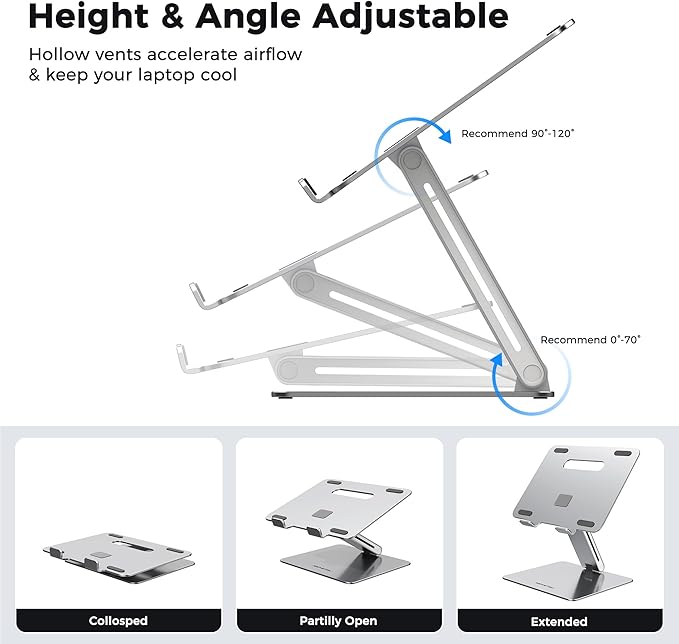 AboveTEK Laptop Stand, Adjustable Portable Computer Riser, Ergonomic Aluminum Notebook Desktop Holder for Desk, Compatible with MacBook Pro, Air, HP, Fits Up to 17 Inch Laptops, Silver