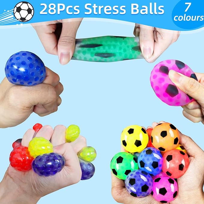 28 Pack Stress Balls Set Fidget Toys, Halloween Party Favors for Kids School Class Birthday Gifts, Colorful Soccer Stress Relief Fidget Toys for Kids Boys Girls Stress Bulk Goodie Bag Stuffers