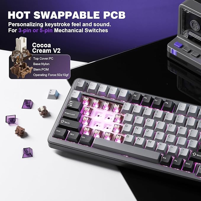 YUNZII B75 PRO Wireless Mechanical Keyboard,75% Layout with Knob,Hot Swap Gasket Custom Structure,Creamy Pre-lubed Switches,RGB Backlit,BT/Type-C/2.4G for Win/Mac(Cocoa Cream V2 Switch,Dark Grey)