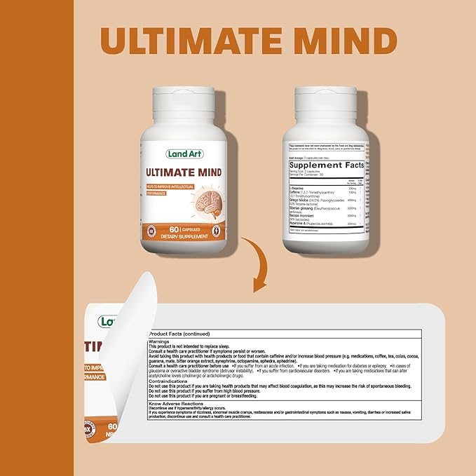Ultimate Mind – Brain Supplement – Memory, Focus, Mental Sharpness, Brain Booster, Enhanced Productivity – 6 Ingredients: L-theanine, Ginko Biloba, Bacopa Monnieri, Ginseng and More - 60 Capsules