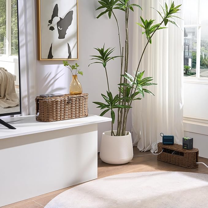 FairyHaus Cable Management Box 2Pack Brown, Handwoven Large and Small Cable Organizer Box Cover to Hide Cords and Power Strip, Imitation Wicker Cord Organizer Box Hider for Office Desk and Floor