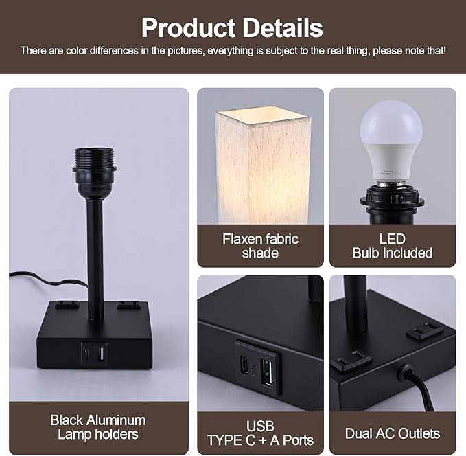 Touch Table Lamp for Bedroom, Stepless Dimmable Bedside Lamp with USB C+A Ports & 3 Color Temperatures, Nightstand Light for Living Room Office, LED Bulb Included (Beige)