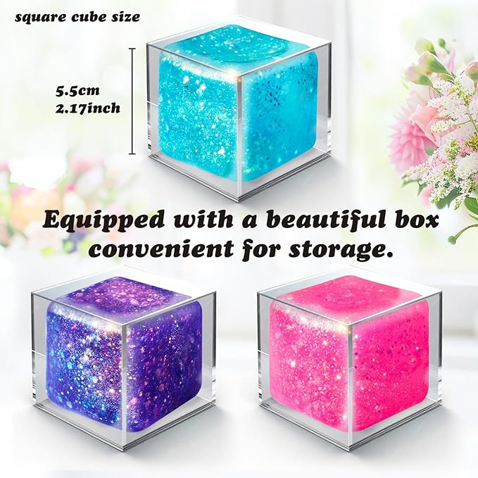3Pcs Nice Stress Cube Stress Cubes Squishy Ice Cube Squishy Stress Cubes for Adults Glitter Stress Balls for Adults Kids Classroom Fidget Toys Birthday Gift (Pink Purple Blue)