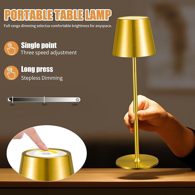 2 Pack Cordless Table Lamp,Portable LED Desk Lamp, 6000mAh Battery Operated, 3 Color Stepless Dimming Up, for Restaurant/Bedroom/Bars/Outdoor Party/Camping/Coffee Shop Night Light(Gold)