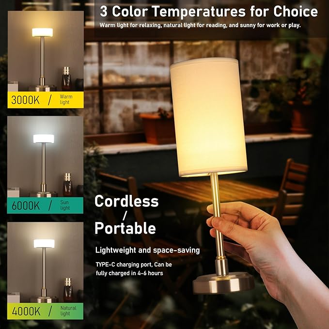 Small Cordless Touch Lamps for Nightstand Lamp Battery Operated Rechargeable Lamp, Portable 3 Colors Stepless Dimmable Fabric Shade Night Light for Restaurant/Bedroom/Outdoor (White+Nickel)