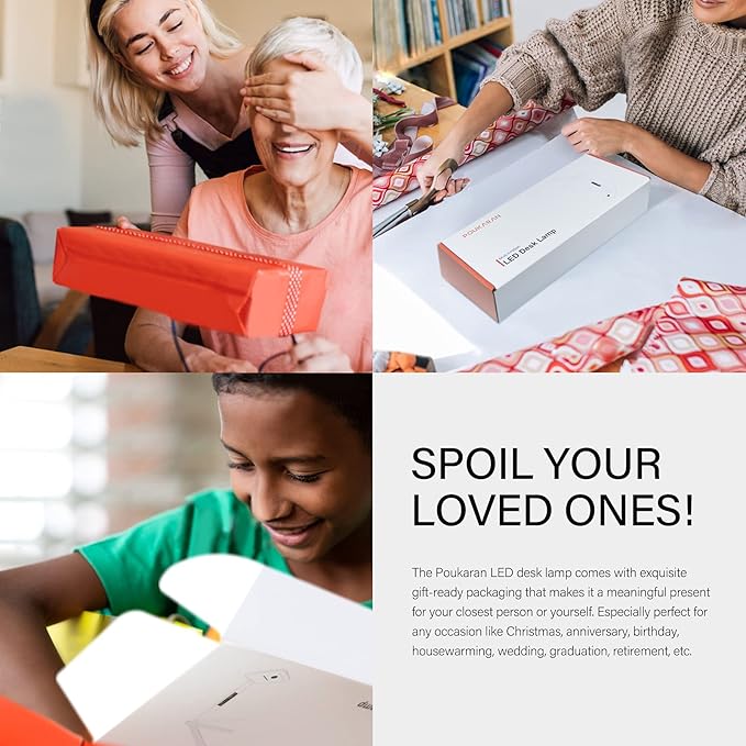 poukaran LED Desk Lamp with Wireless Charger, USB Charging Port, Office Table Lamp with Clock, Alarm, Date, Temperature for Home Office, White