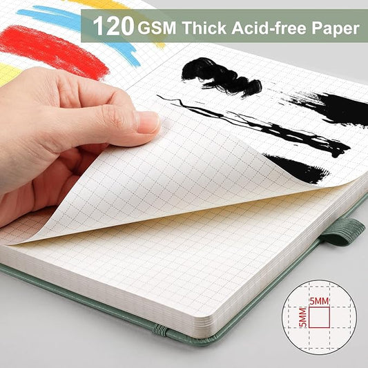 AHGXG Graph Paper Notebook - Grid Notebook Journal A5, 120 GSM Thick Graph Paper, 160 Pages, Leather Hardcover, for Graphing, Writing, Math, Engineering, 5.75'' × 8.38''- Sage Green