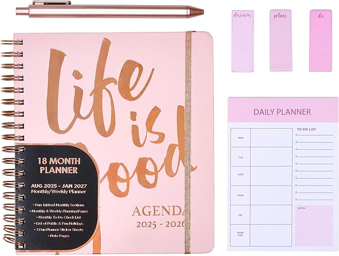Votum August 2025 to January 2027 Large Back to School Academic Planner- Daily, Weekly & Monthly Organizer with Pens, Stickers, Sticky Notes, and a Sturdy Cover - Life is Good