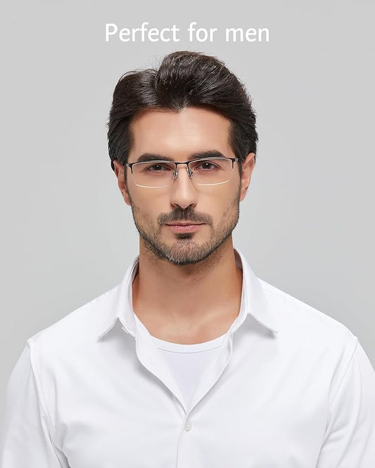 ANRRI Blue Light Glasses Mens Rectangle Semi Rimless Glasses Computer Gaming glasses for men Lightweight Titanium Eyewear