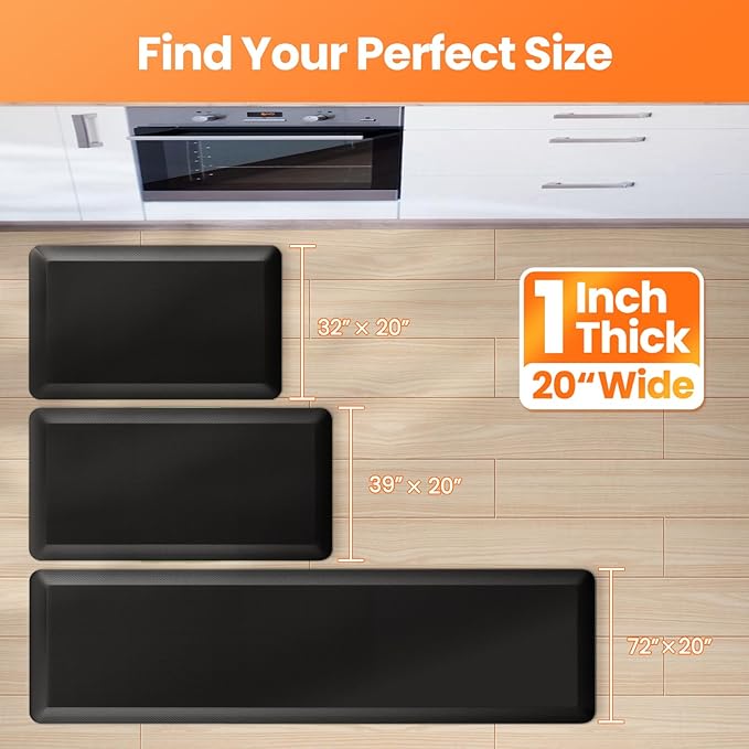 Kitchen Mats for Floor, 1 Inch Extra-Thick Kitchen Rugs, Non-Slip & Waterproof Standing Desk Mat, Comfort Anti Fatigue Mats for Kitchen Floor, Home, Sink, Office (20" X 39", Black)