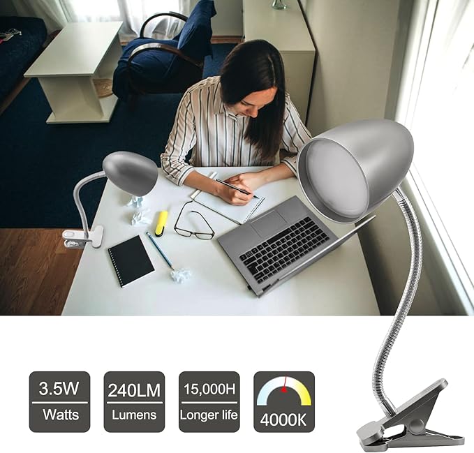 ENERGETIC SMARTER LIGHTING Desk lamp with Clamp, Non-Dimmable Clip Light for Bed and Desk, 4000K Cool White, 3.5W 240 LM Flexible Gooseneck lamp, Eye Protection, ETL Listed