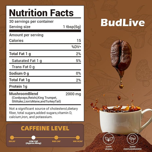 Mushroom Coffee - Instant Coffee Powder with Organic Lion’s Mane, Reishi, Cordyceps, Turkey Tail, King Trumpet & Shiitake, Energy, Focus, Digestion & Immune Support, 30 Servings