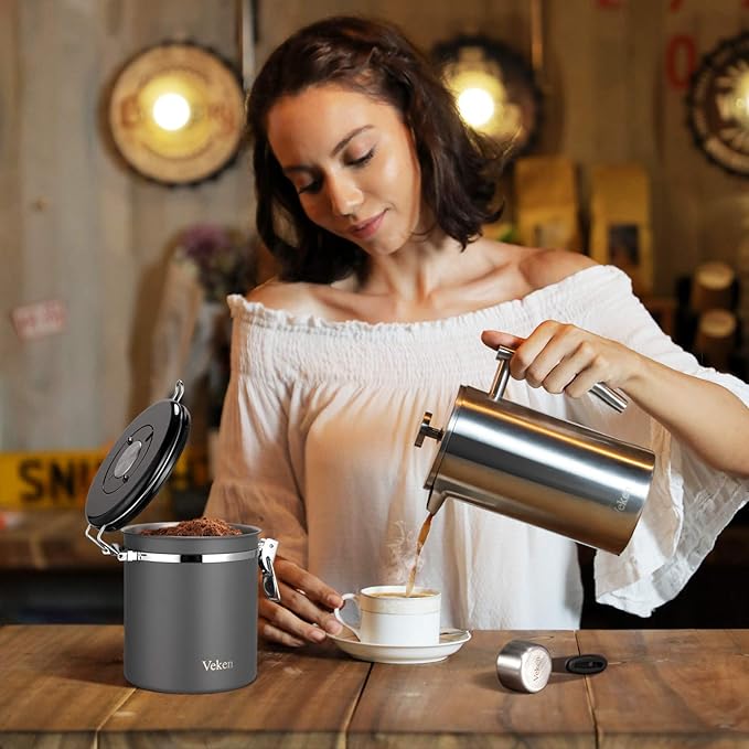 Veken Coffee Canister, Airtight Stainless Steel Kitchen Food Storage Container with Date Tracker and Scoop for Beans, Grounds, Tea, Flour, Cereal, Sugar, 16OZ, Gray