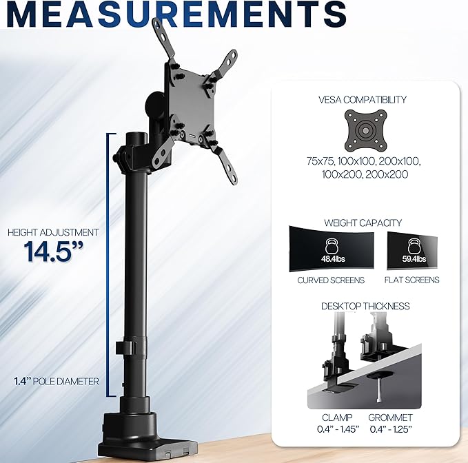 VIVO Clamp-on Single Ultra Wide Monitor Desk Mount, Low Profile Heavy Duty Adjustable Stand for 1 Ultrawide Screen up to 57 inches, 59.4 lbs Capacity, Black, STAND-V157C