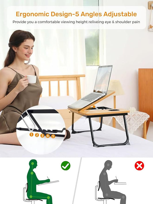 Lap Desk for Couch/Sofa/Floor, 5-Angle Adjustable Bed Desk with Foldable Legs &Cup Holder, Light Weight Bed Tray Table for Writing/Eating/Reading, Portable Laptop Stand for Adults, Kids
