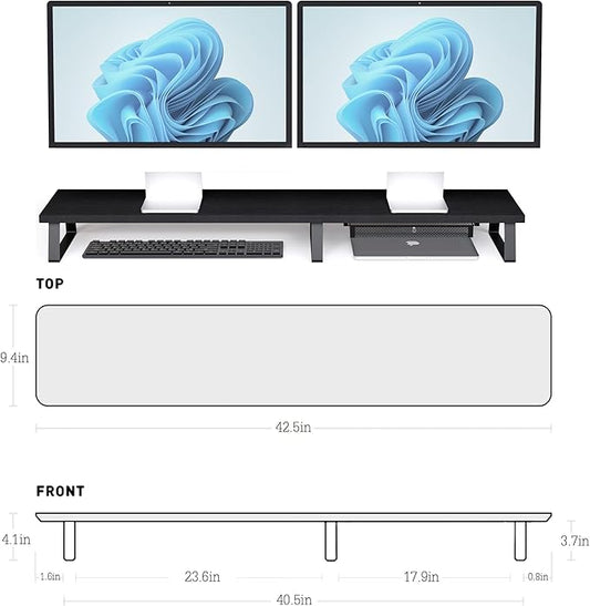 Wood Dual Monitor Stand Riser - Monitor Stand for 2 Monitors, Large Computer Stand For Desk with Metal Legs, Desk Organizers and Storage With Drawer, Desk Shelf for Computer/Laptop/Printer/TV, Black