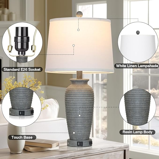 25" Grey Farmhouse Jar Table Lamps, 3 Way Touch Control Rustic Bedside Lamps with USB A+C Ports & AC Outlet, Pot Nightstand Lamps for Bedroom End Table (LED Bulbs Included)